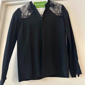 Maje Black Silk Lace Inset Blouse, Size S